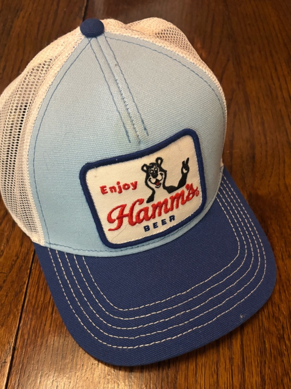 Enjoy Hamm's Beer Patch Trucker Hat - Light Blue & Royal Blue